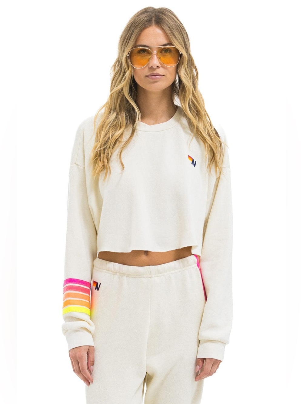 Aviator Nation Rugby Stitch Cropped Crew Sweatshirt – Vintage White // Neon